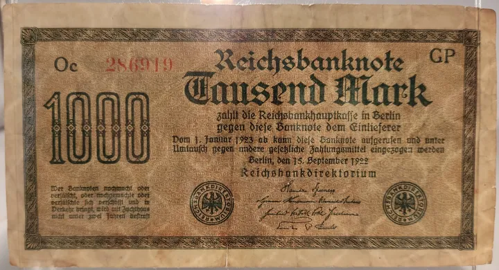 Alter Geldschein 1000 Mark Reichsbanknote Reichsbankdirektorium Berlin 1922 zirkuliert 3  - Bild 3