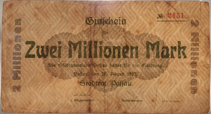  Alter Geldschein 2 Million Mark Gutschein Stadtrat Passau Passau 1923 zirkuliert 3 - Bild 3