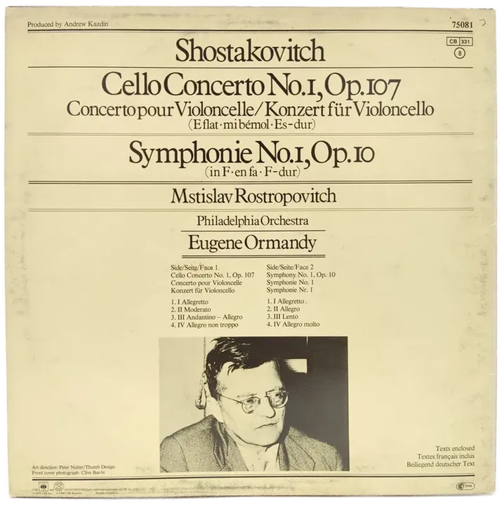 Vinyl LP - Shostakovitch, Rostropovitch, Ormandy - Cello Concerto Symphony No. 1 - Bild 2