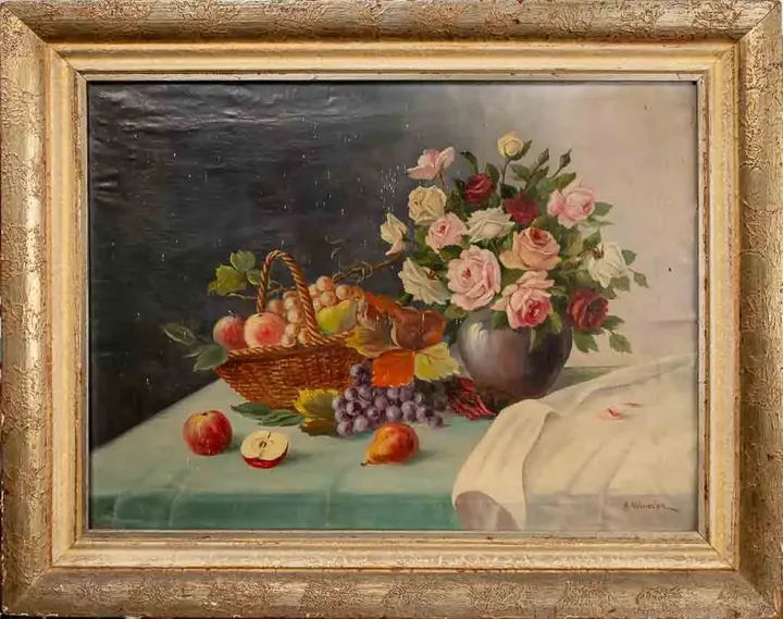 Vintage Bild Gemälde mit Geschichte Stillleben Obstkorb Blumen Vase Öl auf Leinwand A.Nemecek - Bild 1