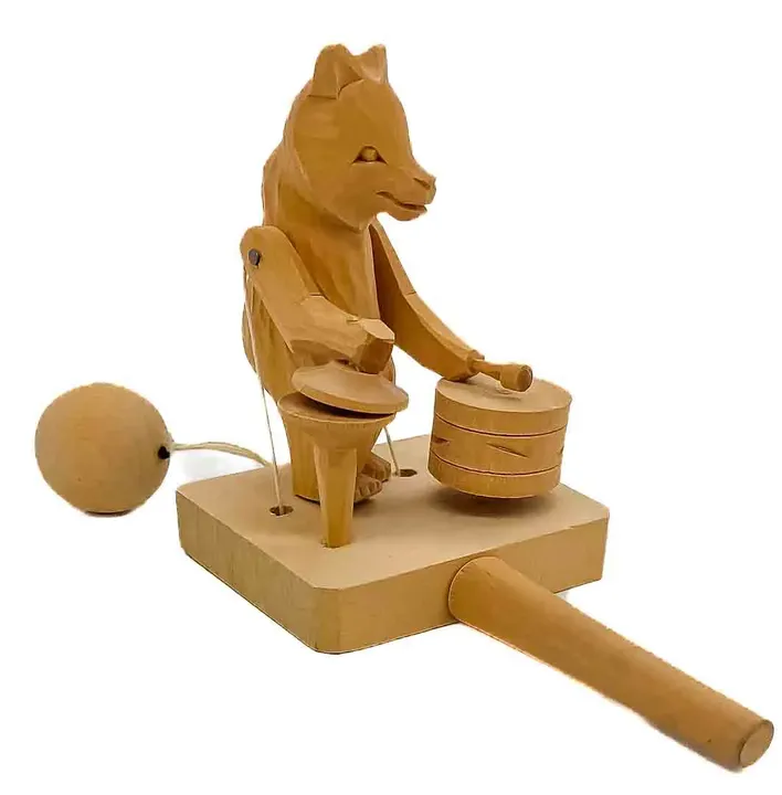 Vintage Russischer Bär Holz handgeschnitzt Spielzeug Becken Trommeln beweglich - Bild 2