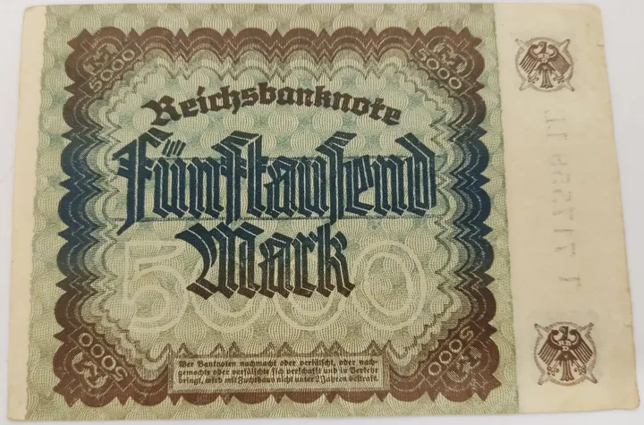 Alter Geldschein 5000 Mark Reichsbanknote Reichsbankdirektorium Berlin 1922 zirkuliert 3  - Bild 2