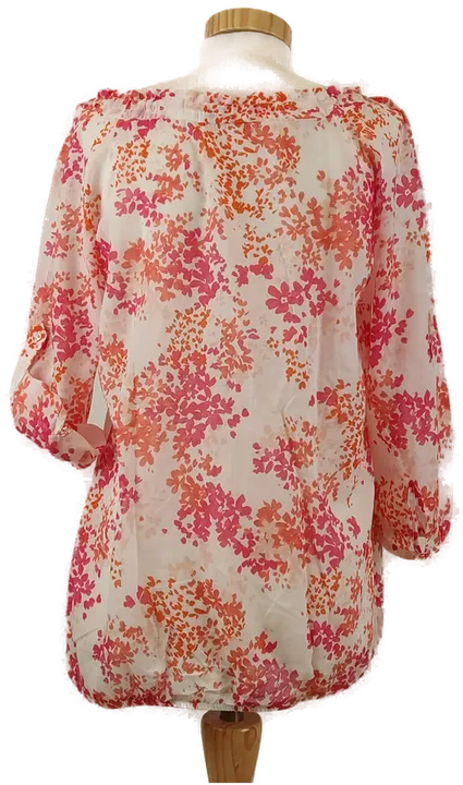 Weiße Damen Bluse mit gerafftem Ausschnitt, Ärmelriegel, orange geblümt, Gr. M - Bild 2
