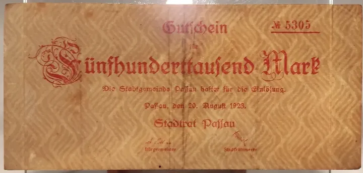 Alter Geldschein 500.000 Mark Gutschein Stadtrat Passau 1923 zirkuliert 3  - Bild 3