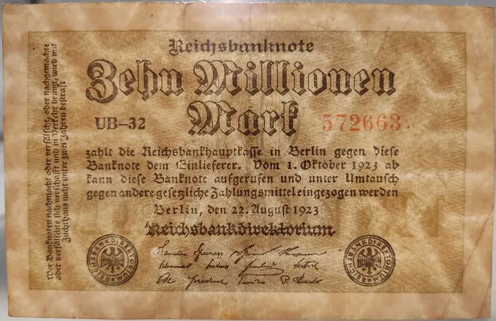 Alter Geldschein 10 Millionen Mark Reichsbanknote Reichsbankdirektorium Berlin 1923 zirkuliert 3  - Bild 3