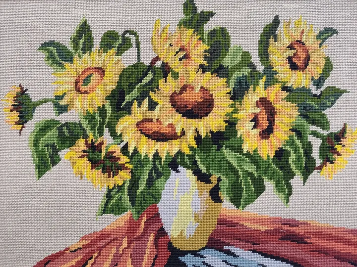 Vintage Gobelin Stickbild / Sonnenblumen mit Vase - Bild 2