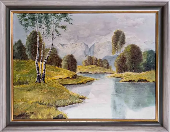 Vintage Gemälde Landschaft Fluß mit Gebirge von P. Weber 1955 - Bild 1