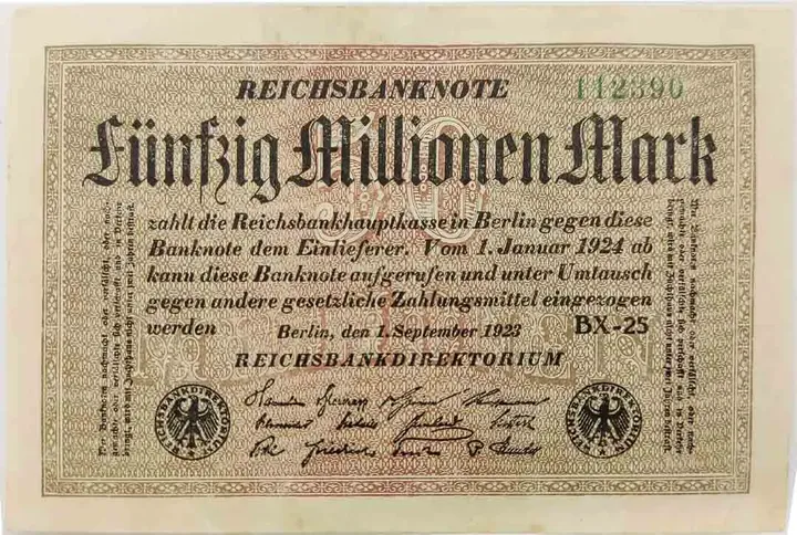 Alter Geldschein 50 Millionen Mark Reichsbanknote Reichsbankdirektorium Berlin 1923 zirkuliert 3  - Bild 1