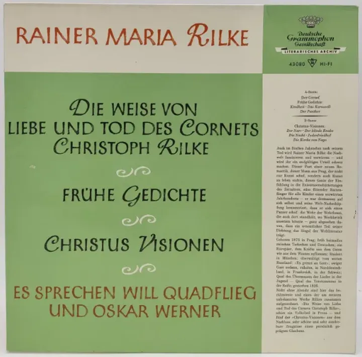 Vinyl LP - Rainer Maria Rilke, Christoph Rilke, Will Quadflieg, Oskar, Werner  - Bild 1