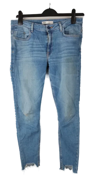 Jeans 'ZARA' lang mit Perlen und Fransen, blaumeliert, Größe 40 - Bild 1