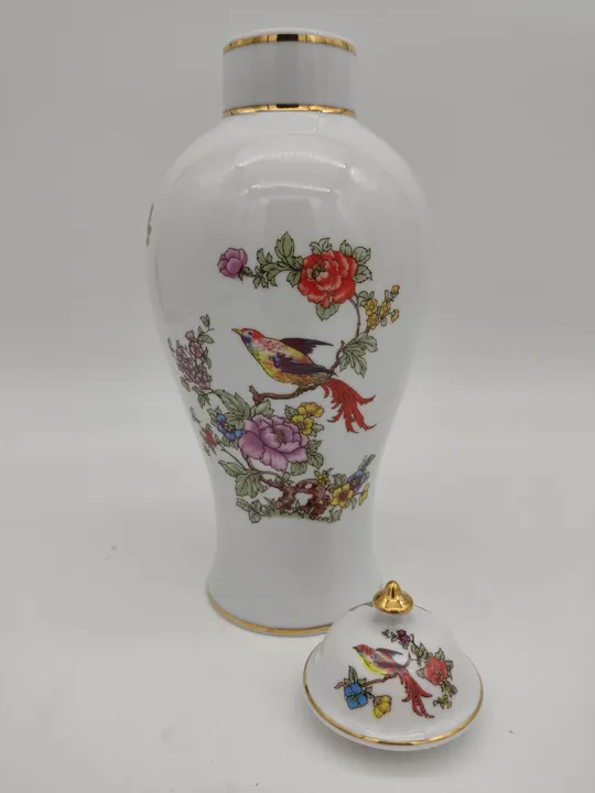 Hollohaza Vintage-Deckelvase mit Blumen und Vogelmotiv - weiß - Bild 5