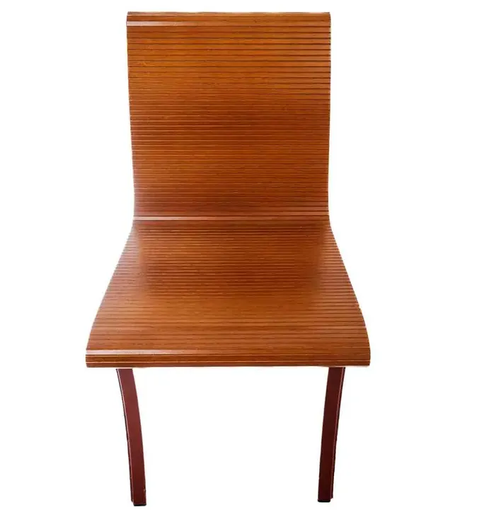 Design Sessel mit Holz-Sitzfläche, Gestell aus Stahl, rotes Leder - Bild 3