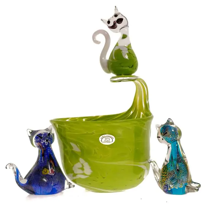Handgefertigte Glas-Katzenfiguren – Buntes Set mit Schale, Murano-Stil - Bild 1