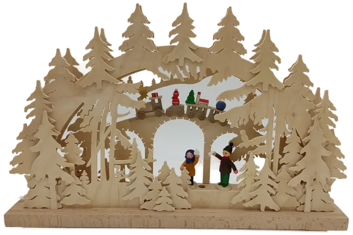 Erzgebirgischer 3D Doppelschwibbogen mit winkenden Figuren, Eisenbahn – Holzdeko für Weihnachten, beleuchtet - Bild 2