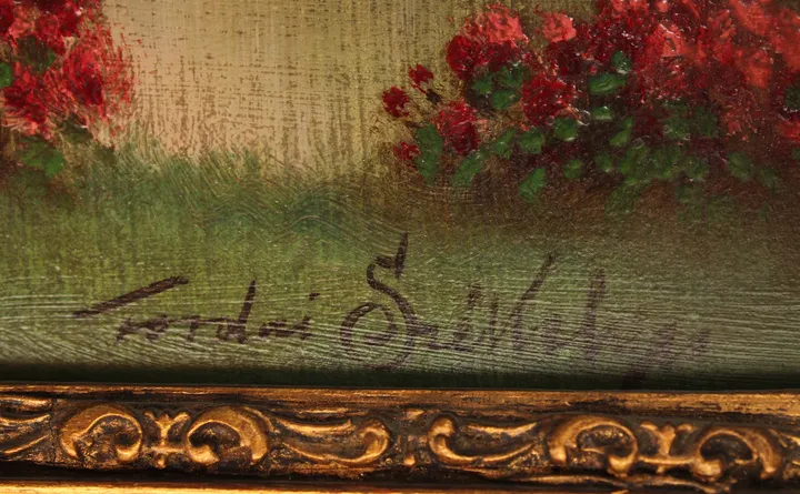 Gemälde – Blumenlandschaft am See – signiert „Ferdinand Stribny“ – Öl auf Platte – mit Zierrahmen - Bild 2