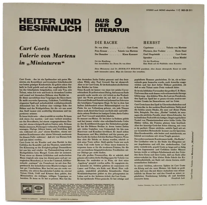 Vinyl LP - Curt Goetz, Valerie von Martens - Miniaturen, Die Rache Herbst  - Bild 2