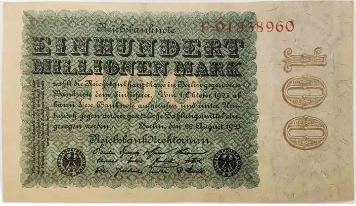  Alter Geldschein 100 Millionen Mark Reichsbanknote Reichsbankdirektorium Berlin 1923 zirkuliert 2 - Bild 1