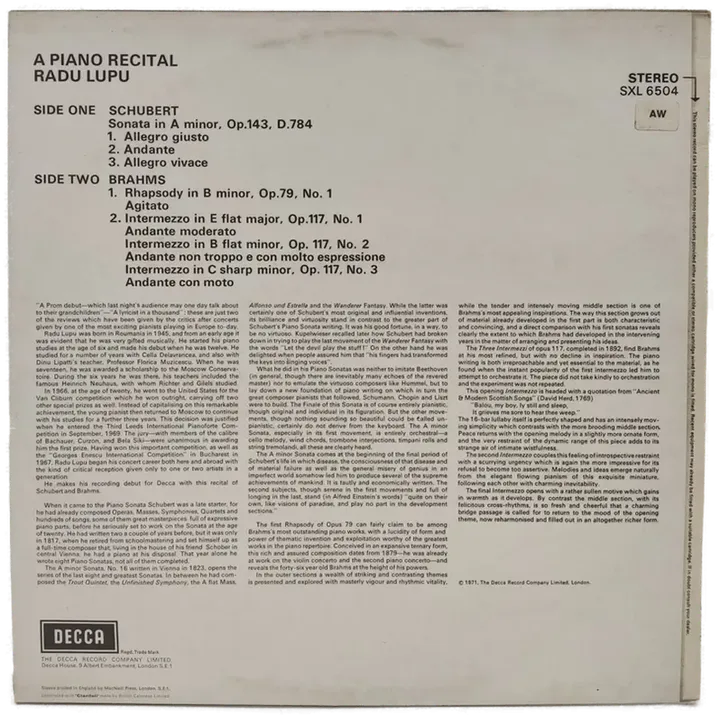 Vinyl LP - Radu Lupu - Schubert, Brahms - Piano - Bild 2