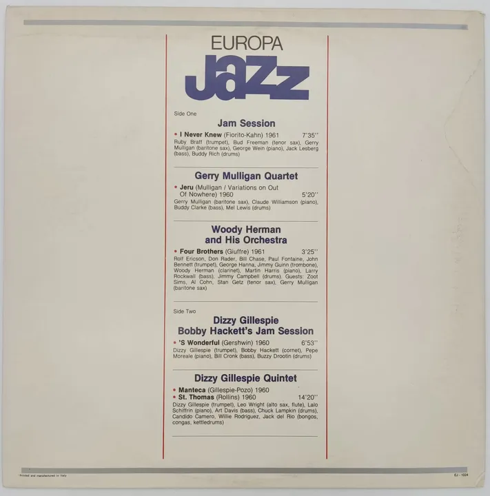 Vinyl LP - Europa Jazz - Dizzy Gillespie, Gerry Mulligan  - Bild 2