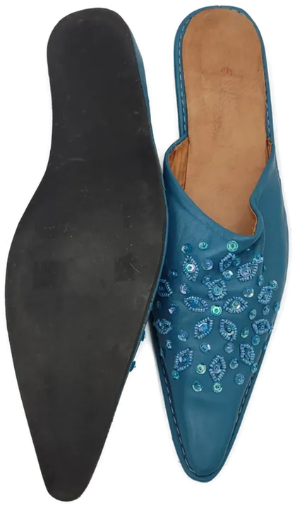Damen Leder Pantoletten mit Pailletten- und Perlenverziehrung blau - 39/40 - Bild 3