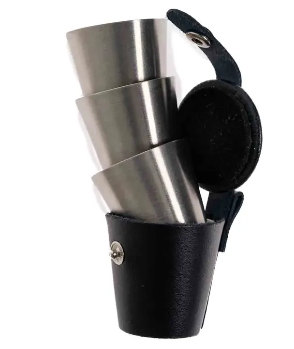  4 Stk. Exclusives WMF Shotbecher-Schnapsbecher im Lederetui, Edelstahl 2cl-Stamperl, im Edlen Disign mit Aufbewahrungs-Etui aus Leder - Bild 1