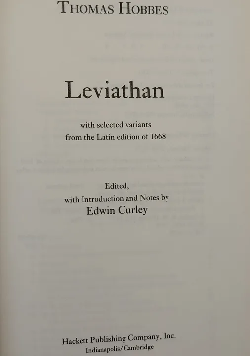 Hobbes Leviathan. With selected variants from the Latin edition of 1668 - Edwin M. Curley (Hrsg.) - Bild 2