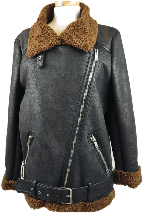 Zara Damen Kunstlederbikerjacke schwarz mit braunem Innenfell - M/38 - Bild 1