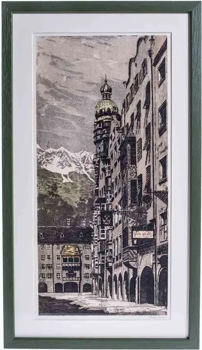 Josef Reinbach: Handkolorierte Originalradierung Innsbruck, Goldenes Dachl mit der Nordkette im Hintergrund - Bild 1