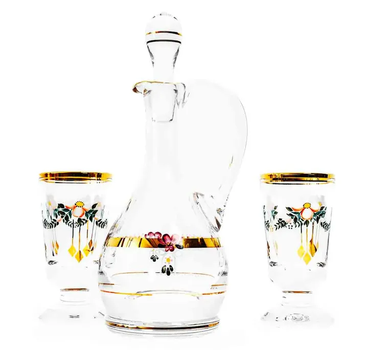 Karaffe mit 2 Gläser, Kristall, bemalt, Goldrand - Bild 3