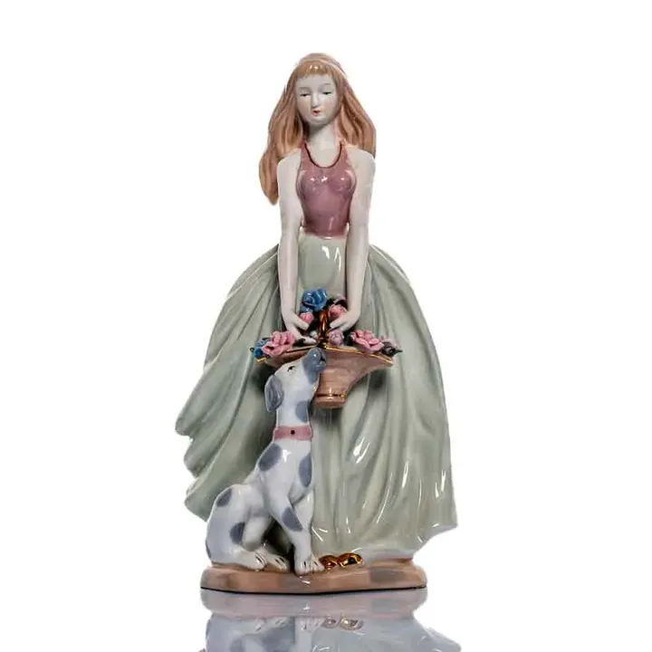 PMI Porzellan Figur Mädchen mit Blumenkorb und Hund  - Bild 1