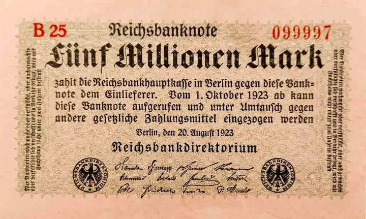 Alter Geldschein 5 Millionen Mark Reichsbanknote Weimarer Republik Berlin 1923 zirkuliert 2  - Bild 1