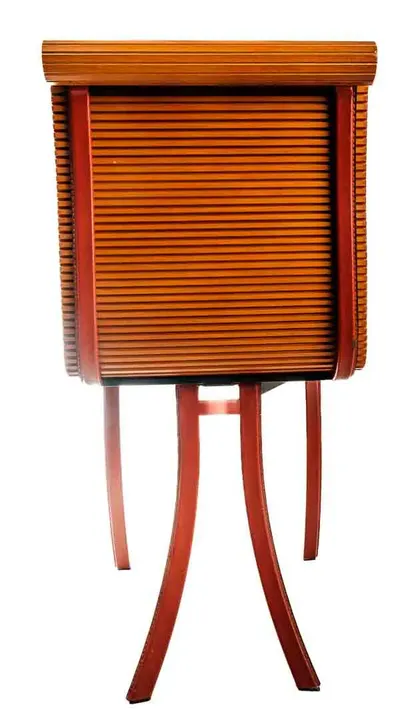 Design Sessel mit Holz-Sitzfläche, Gestell aus Stahl, rotes Leder - Bild 5