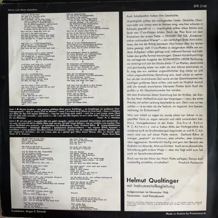 Schallplatte In Tiefer Trauer singt Helmut Qualtinger schwarze Lieder 1967 SPR 3140 - Bild 2