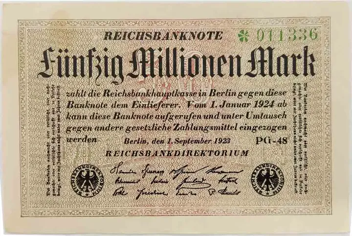 Alter Geldschein 50 Millionen Mark Reichsbanknote Reichsbankdirektorium Berlin 1923 zirkuliert 3  - Bild 1