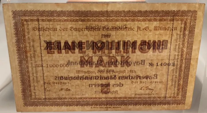 Alter Geldschein 1 Million Mark Gutschein der Bayerischen Bauindustrie AG München 1923 zirkuliert 3  - Bild 3