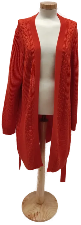 Lange Damen Strickweste mit Bindegürtel und Zopfmuster, Langarm, Orange, Gr. M - Bild 1