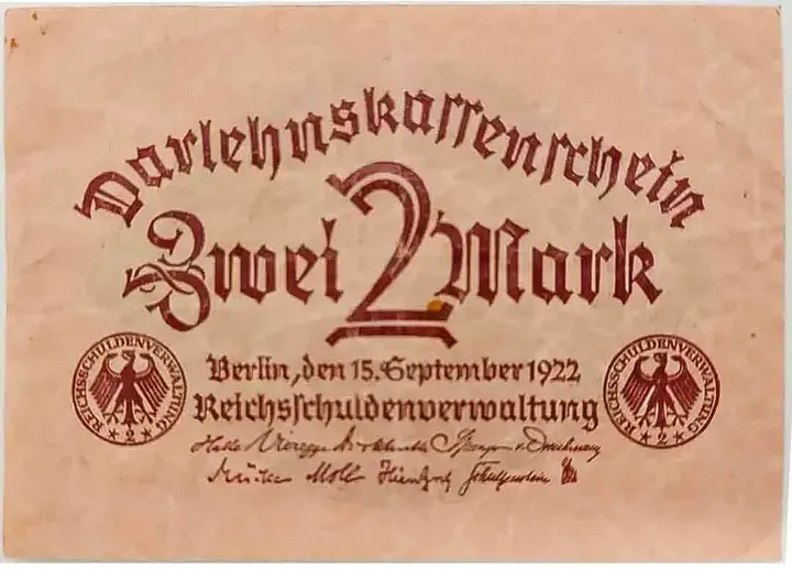 Alter Geldschein 2 Mark Darlehenskassenschein Reichsschuldenverwaltung Berlin 1922 zirkuliert 3  - Bild 2