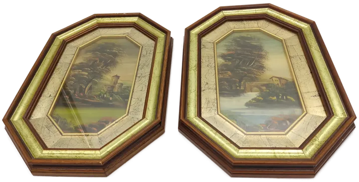 2 Landschaftsbilder auf Kupfer im achteckigen Rahmen, unsigniert - Bild 3