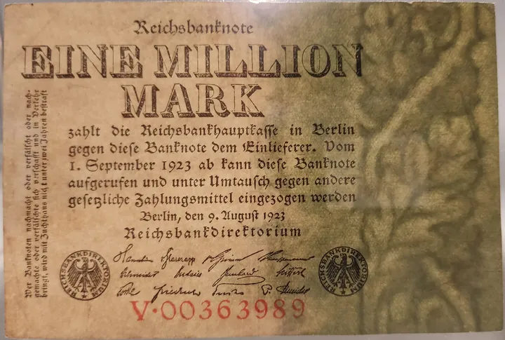 Alter Geldschein 1 Million Mark Reichsbanknote Reichsbankdirektorium Berlin 1923 zirkuliert 3 mit  Druckfehler - Bild 3