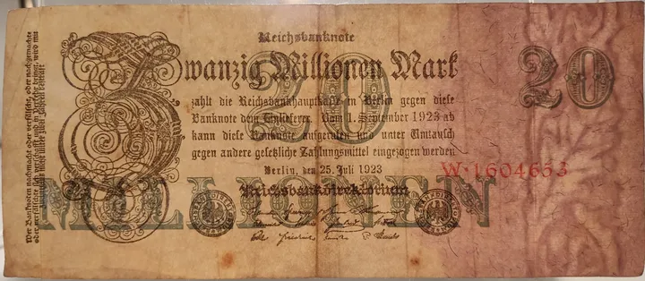 Alter Geldschein 20 Millionen Mark Reichsbanknote Reichsbankdirektorium Berlin 1923 zirkuliert 3 - Bild 3