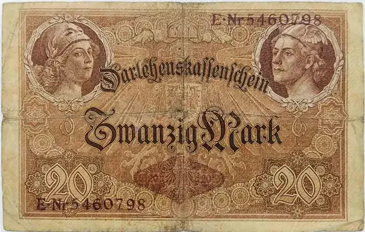  Alter Geldschein 20 Mark Darlehenskassenschein Reichsschuldenverwaltung Berlin 1914 zirkuliert 3/4 - Bild 1