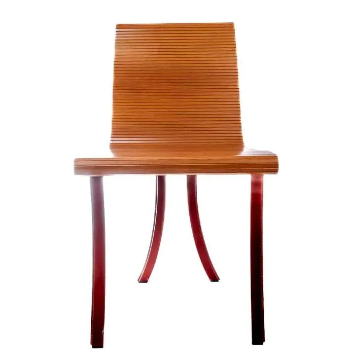 Design Sessel mit Holz-Sitzfläche, Gestell aus Stahl, rotes Leder - Bild 1