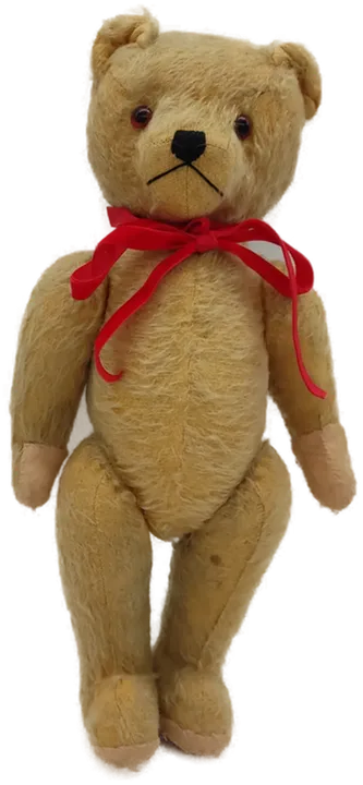 Alter Teddybär hellbraun mit roter Schleif hart gestopft im stehen 44 cm  - Bild 1