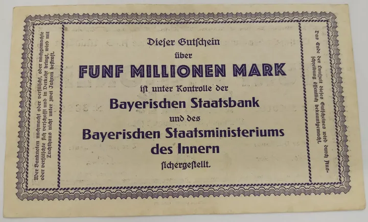 Alter Geldschein 5 Millionen Mark Gutschein der Bayerischen Bauindustrie AG München 1923 zirkuliert 2  - Bild 2