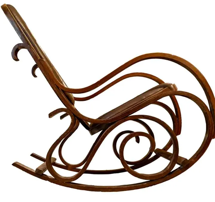Vintage Schaukelstuhl mit geschwungenem Holzgestell und Kunstleder - Bild 1