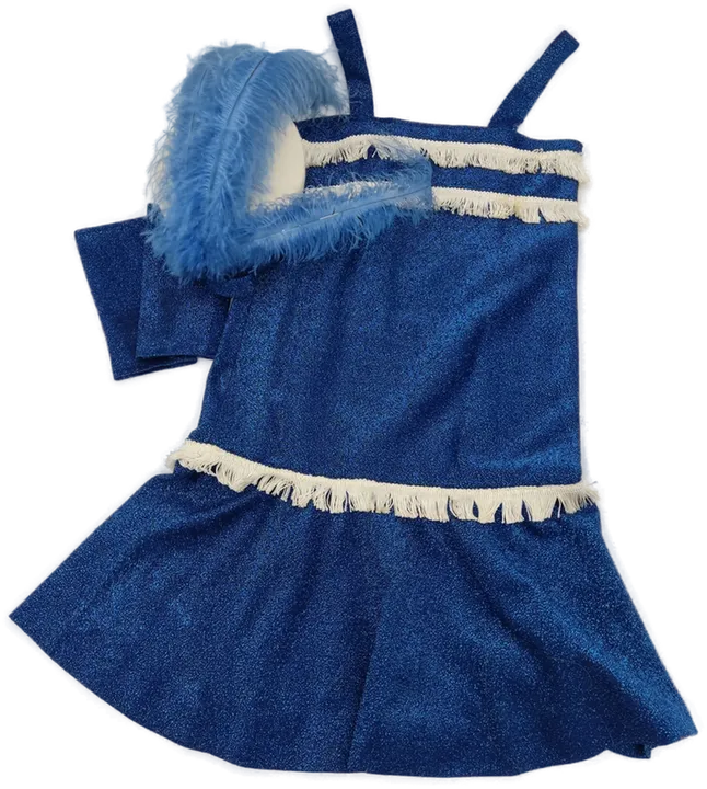 Fasching Kinder Tanzkleid blau, mit Fransen, Set (Kleid, Hut, Handschuhe) - Bild 1