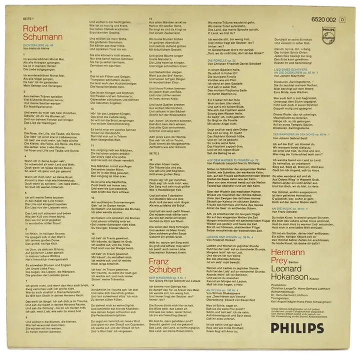 Vinyl LP - Hermann Prey, Franz Schubert, Robert Schumann - Acht ausgewählte Lieder - Bild 2