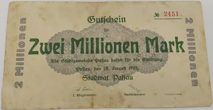  Alter Geldschein 2 Million Mark Gutschein Stadtrat Passau Passau 1923 zirkuliert 3 - Bild 1
