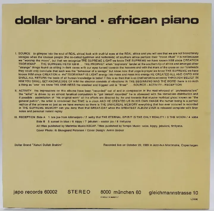 Vinyl LP - Dollar Brand - African Piano  - Bild 2