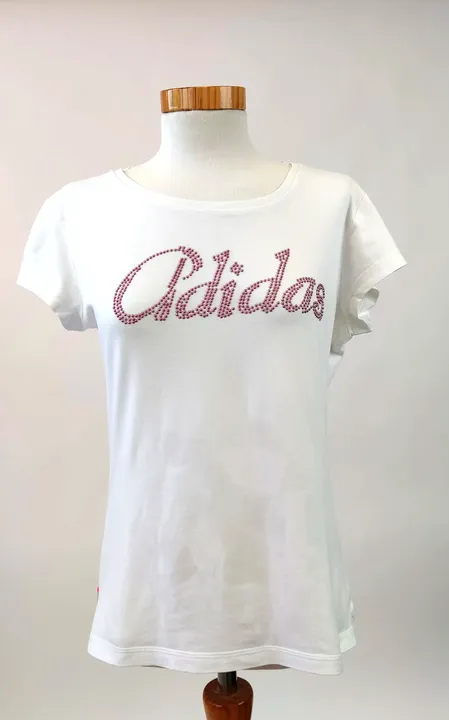 (Flohmarkt) Adidas Damen T-Shirt weiß mit Aufdruck rosa Gr. 38 - Bild 1